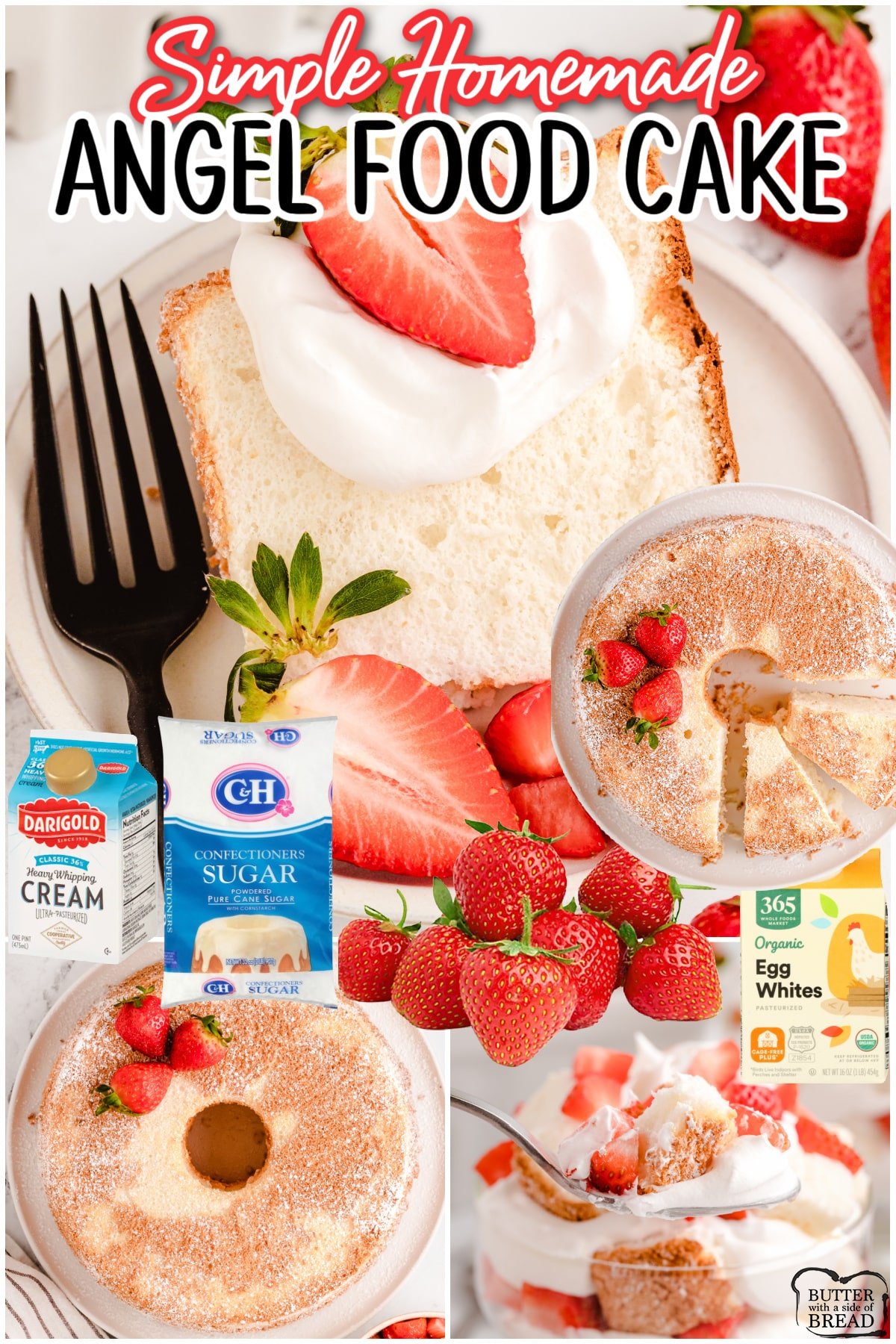 Angel Food Cake with Strawberries made with a from-scratch light & airy cake recipe & topped with sweetened berries & fresh cream. Perfect strawberry dessert! 