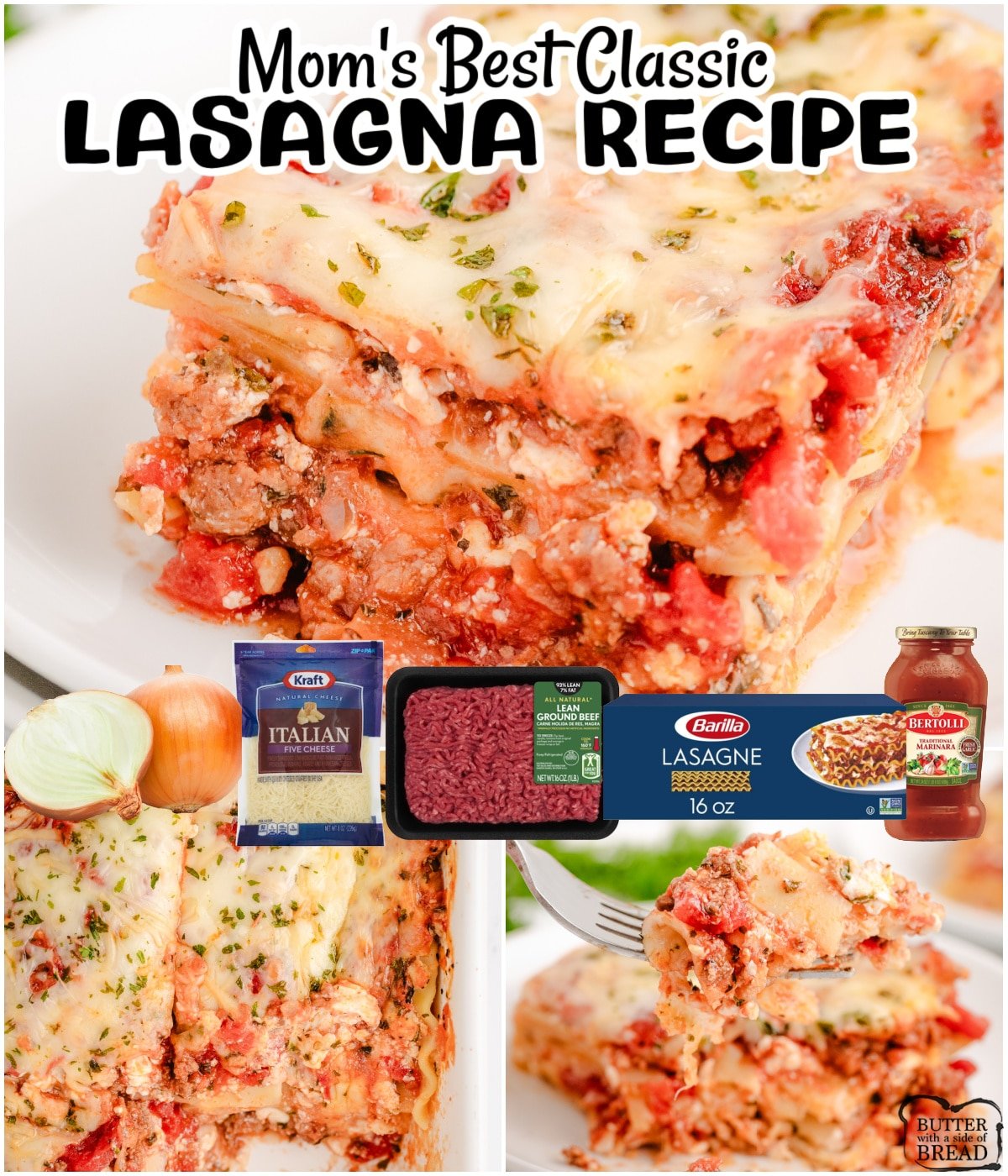 Easy Homemade Lasagna made with classic ingredients for a cheesy, flavorful pasta dinner! Mom's best recipe made with ground beef, a blend of spices, cheeses & tomatoes layered & baked to perfection!