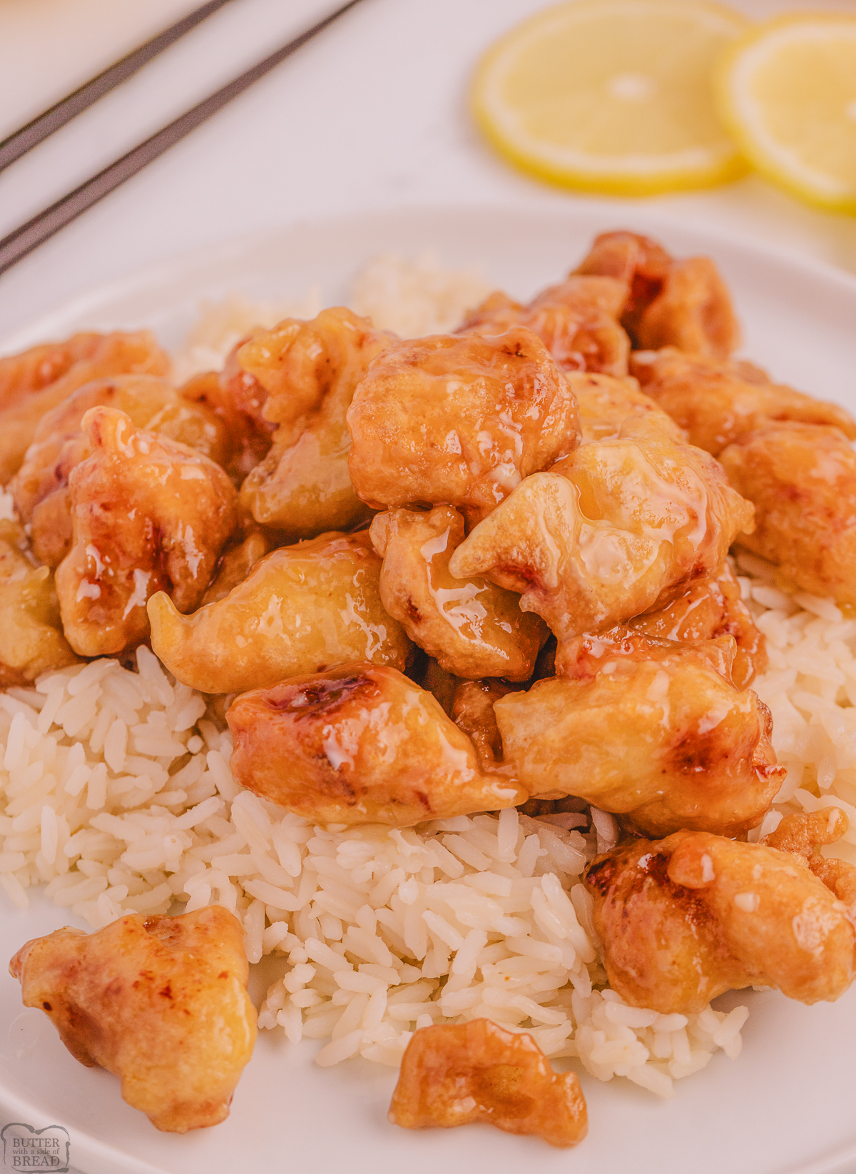 plate of Asian take-out Lemon Chicken