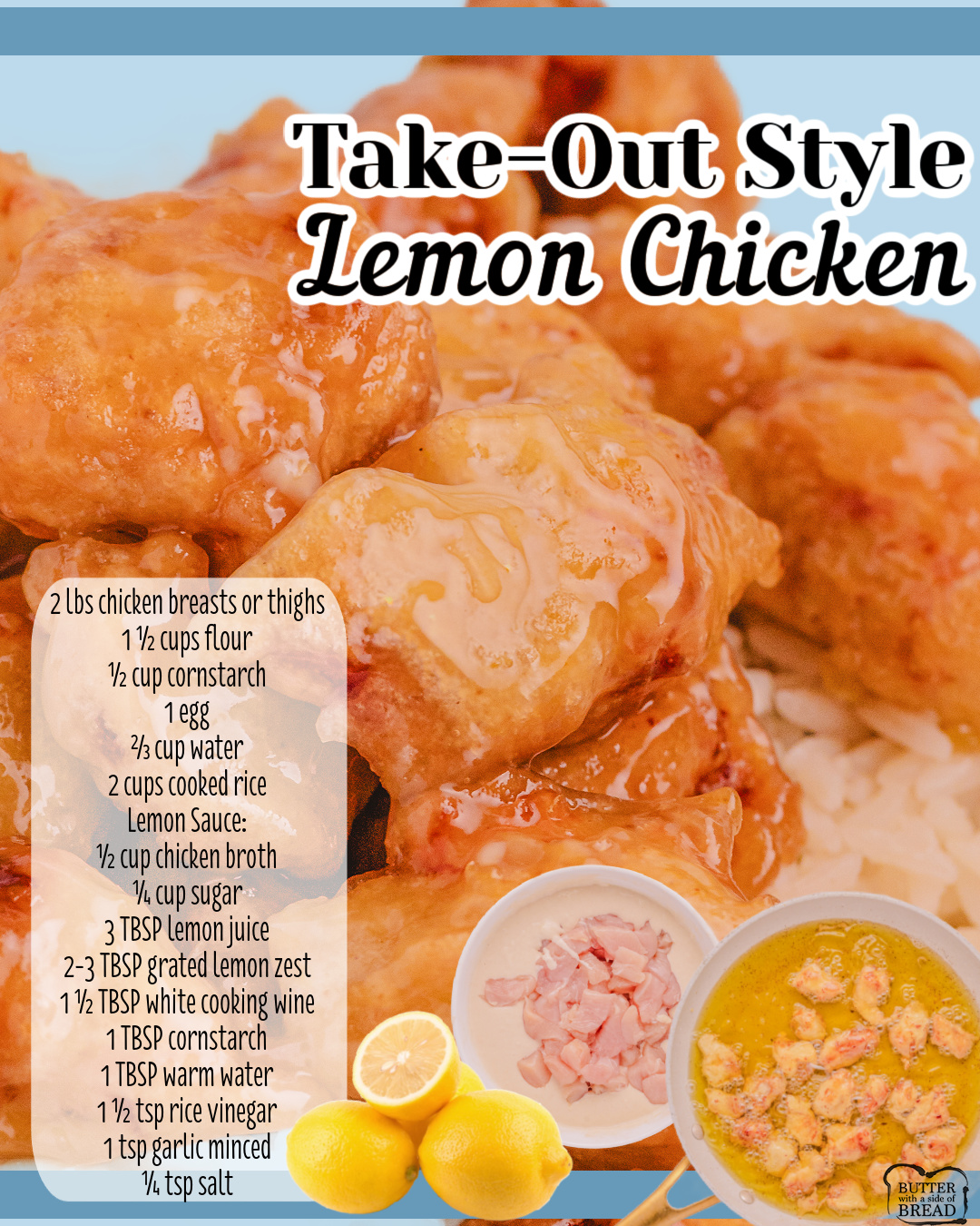 The Best Lemon Chicken features lightly battered chicken, fried until golden and crispy, then tossed in a bright homemade lemon sauce with fresh zest, juice, garlic, and chicken broth. Serve over rice for an easy, takeout-style favorite made right at home!