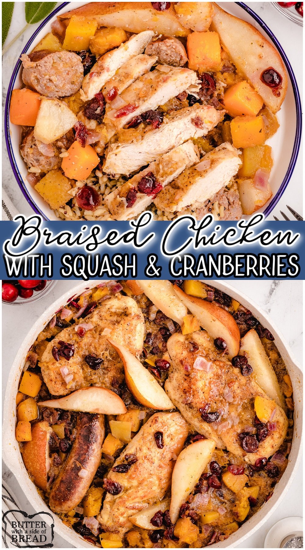 Braised chicken with squash and cranberries is a fantastic fall meal bursting with great flavors! Butternut squash, cranberries, chicken, apple & onions combine for a lovely skillet dinner.