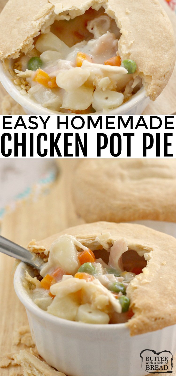 Chicken Pot Pie is the ultimate comfort food full of chicken and vegetables in a creamy sauce covered with a flaky pie crust. This Chicken Pot Pie recipe is a family favorite because it is easy to make and is absolutely delicious too!
