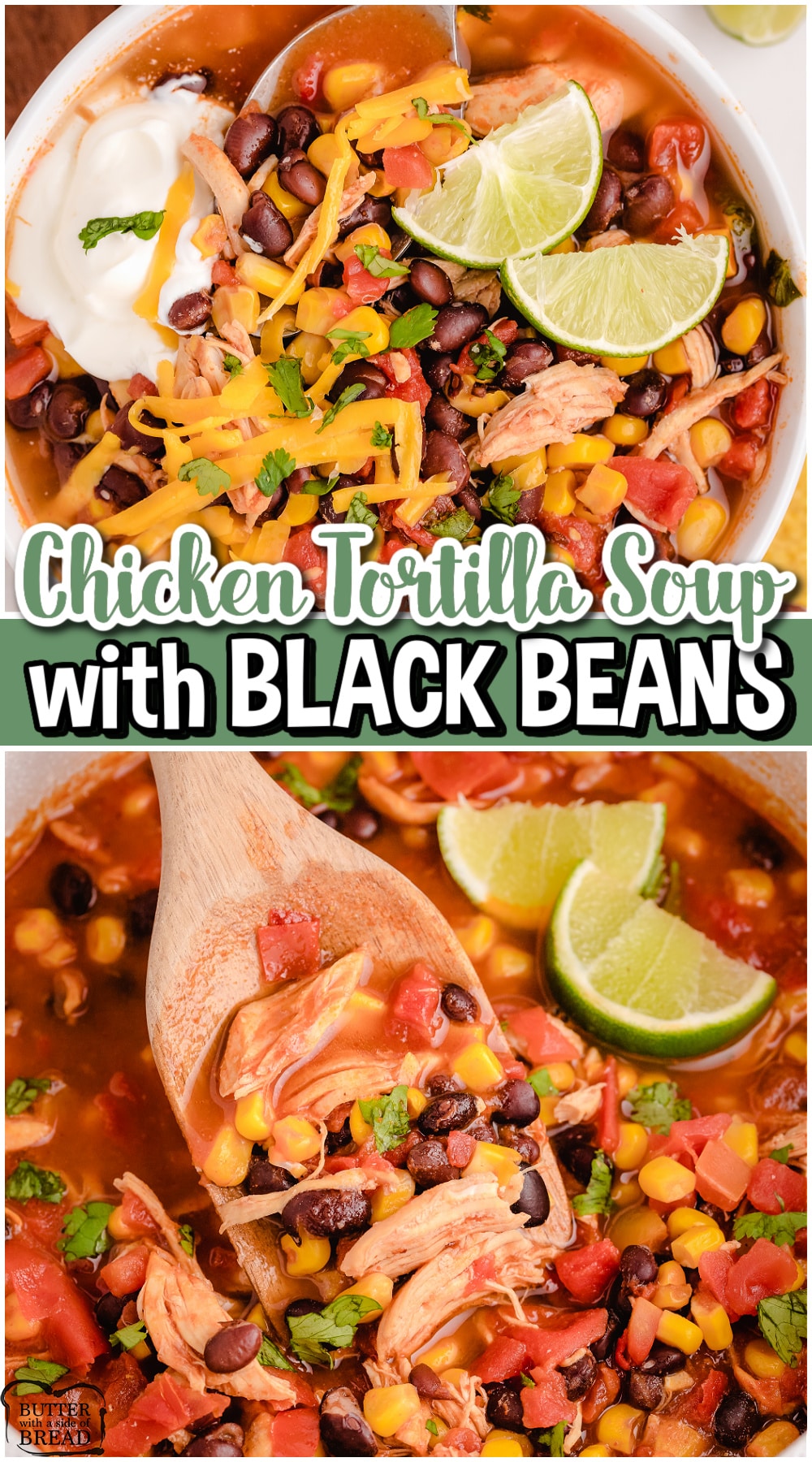 Tortilla Soup with Black Beans is a hearty chicken dinner with great flavor! This tortilla soup recipe is so simple & is made with mostly pantry ingredients!