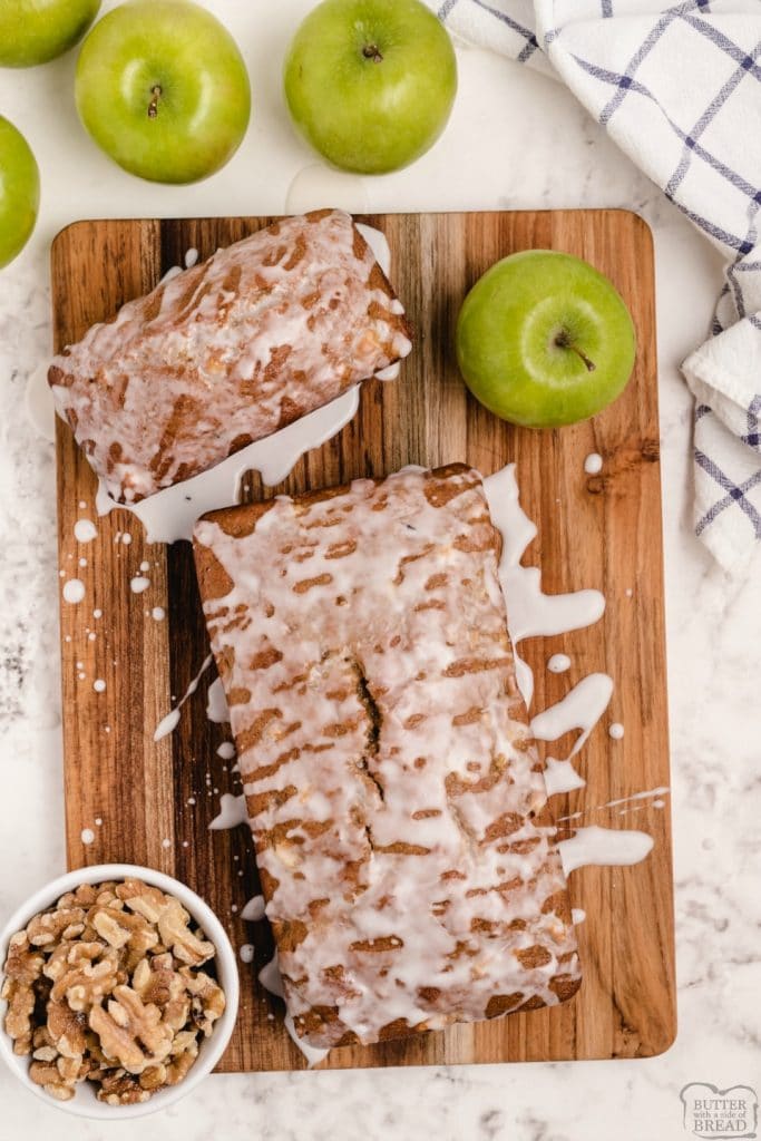 Apple walnut bread is a sweet apple bread recipe with walnuts! Perfect apple quick bread recipe with a light glaze that everyone loves! 