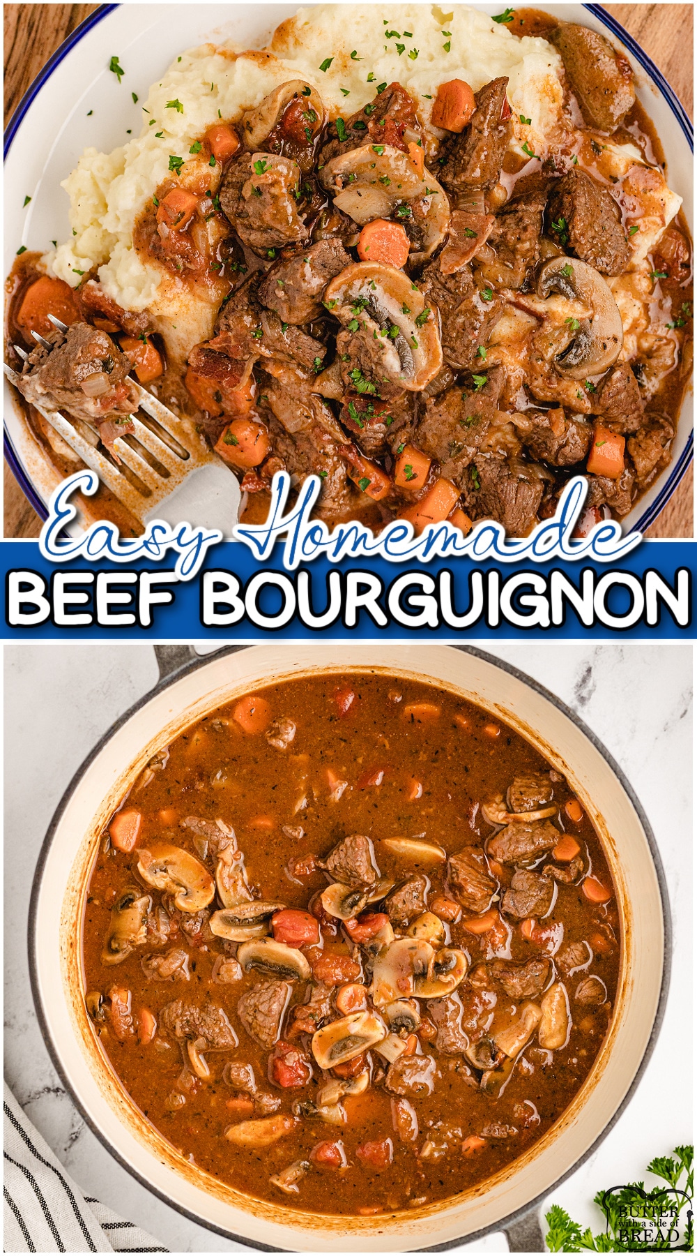 Easy beef bourguignon recipe is a rich, flavorful beef stew that's traditionally served over mashed potatoes for a hearty meal. This easy version is simplified for home cooks but still tastes incredible! 