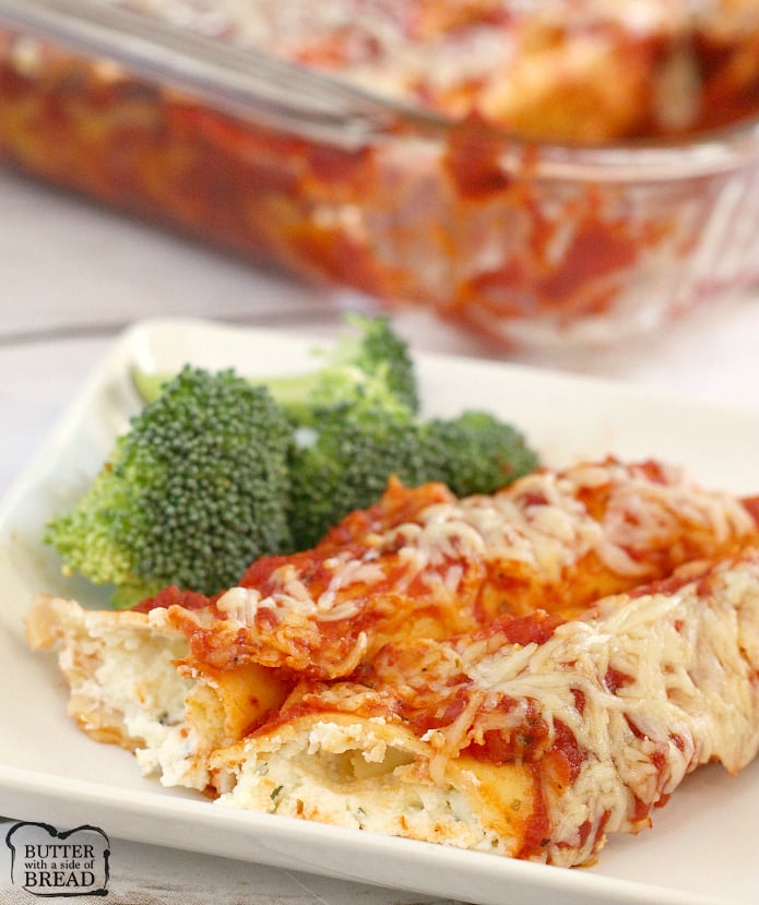 Easy Cheese Manicotti recipe that is made with homemade crepes for the noodles and then stuffed with a cheesy filling. This simple Italian dish comes together easily for a delicious meatless meal that the whole family will enjoy!