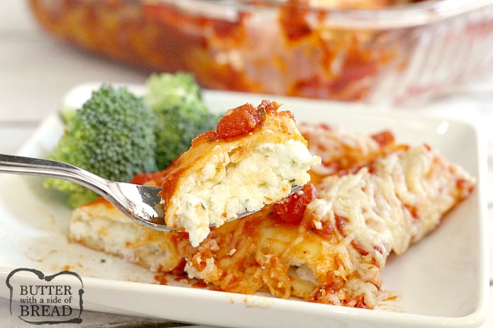 Easy Cheese Manicotti recipe that is made with homemade crepes for the noodles and then stuffed with a cheesy filling. This simple Italian dish comes together easily for a delicious meatless meal that the whole family will enjoy!