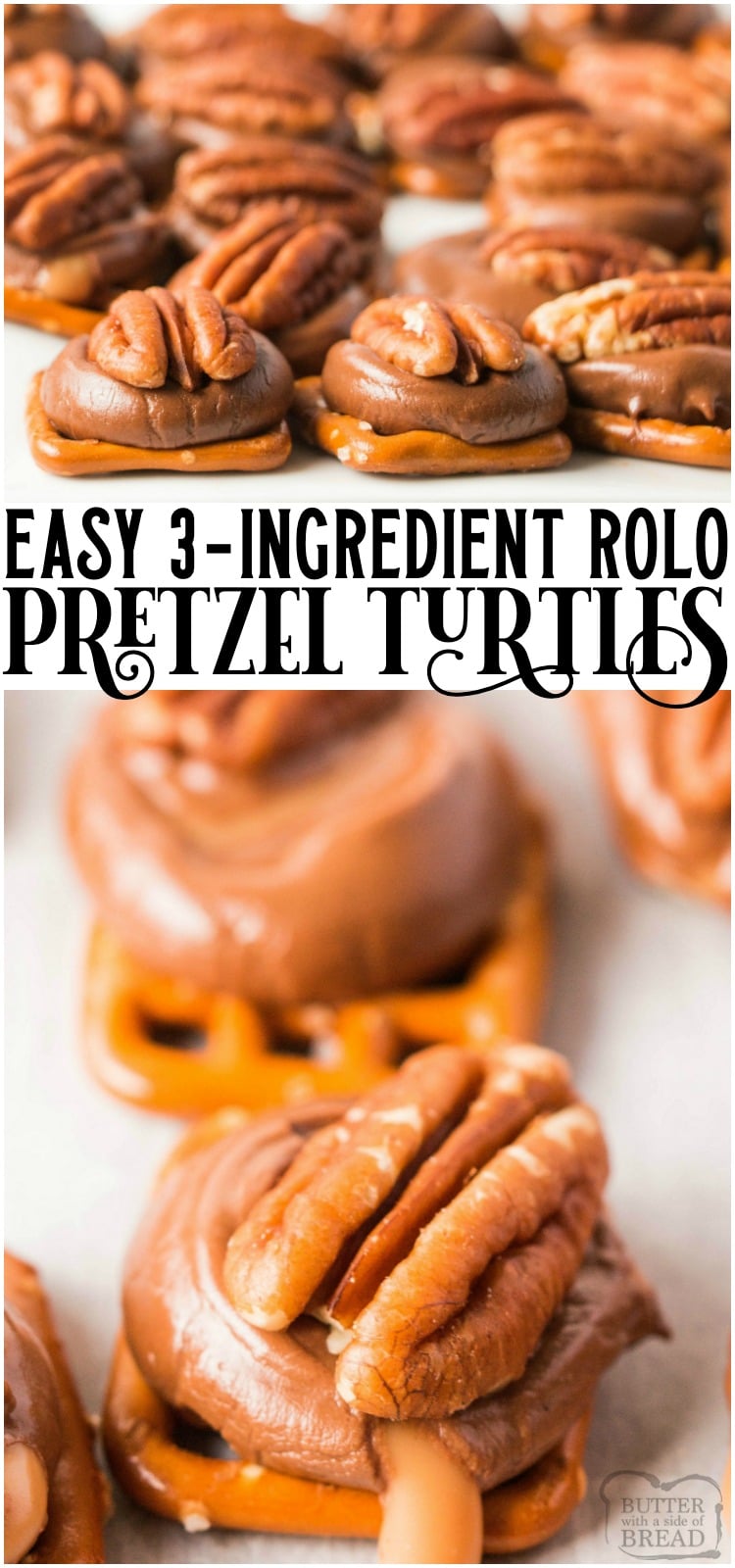 Rolo pretzel turtles are delicious salted caramel pretzel pecan bites that are made in minutes and are perfect holiday treats! #rolo #turtle #pretzels #candy #caramel #saltysweet #Christmascandy #dessert #recipe from BUTTER WITH A SIDE OF BREAD