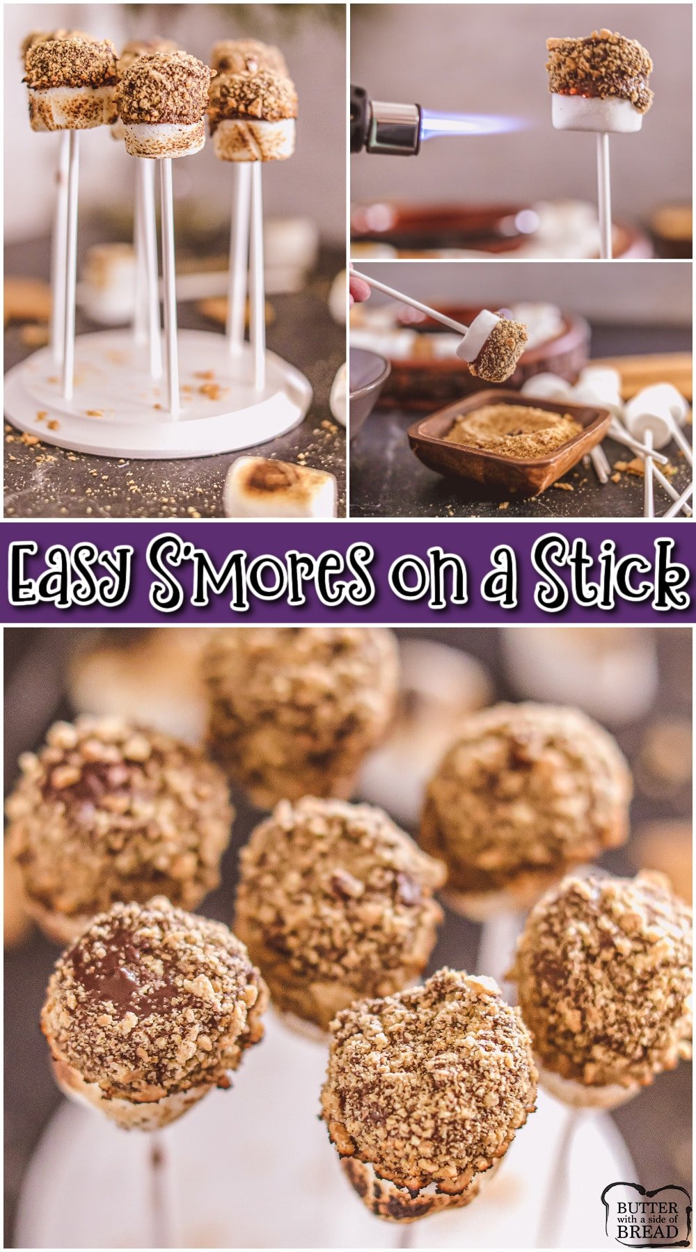 S'mores on a Stick are a fun twist on traditional s'mores! Making these chocolate covered smores on a stick is simple & only requires 3 ingredients: marshmallows, chocolate + graham crackers! 