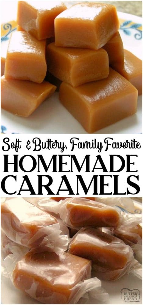 These Homemade Caramels will absolutely melt in your mouth! Incredible from scratch recipe made with heavy cream, butter, sugars and evaporated milk.