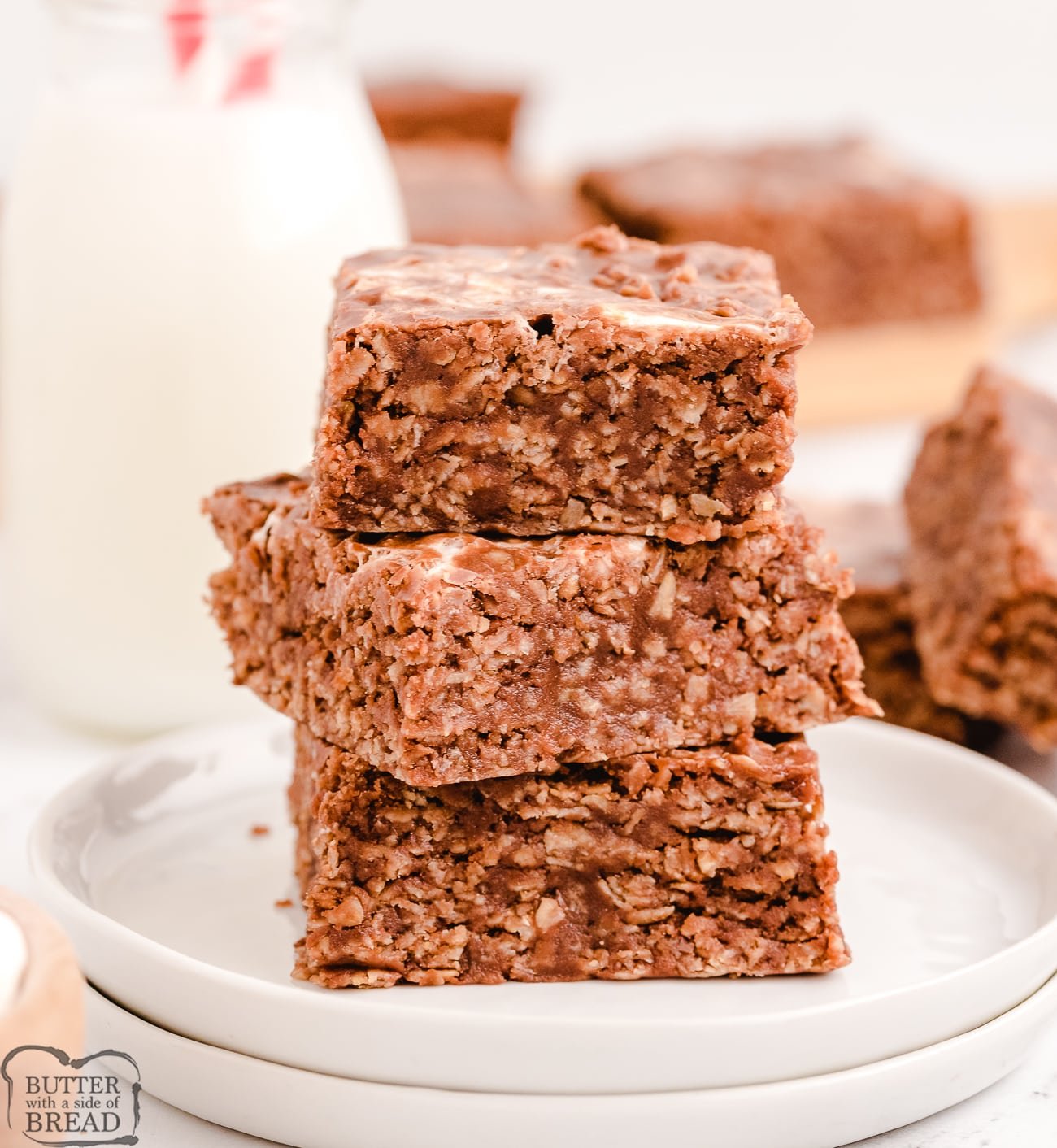 stacked chocolate peanut butter oat bars with marshmallows