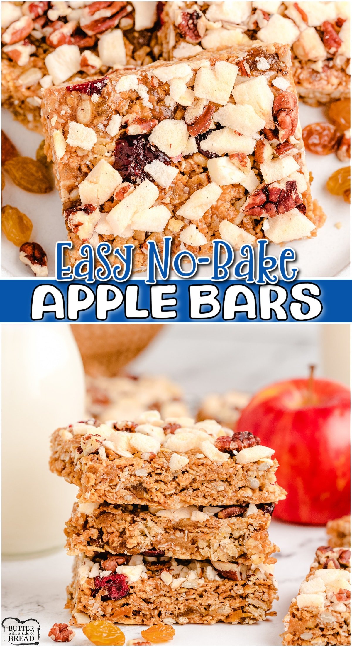 No Bake Apple Bars an incredibly delicious, healthy homemade snack made with dried apples, whole grain cereal, raisins, oats, peanut butter and honey! Perfect no-bake snack for after school eats!