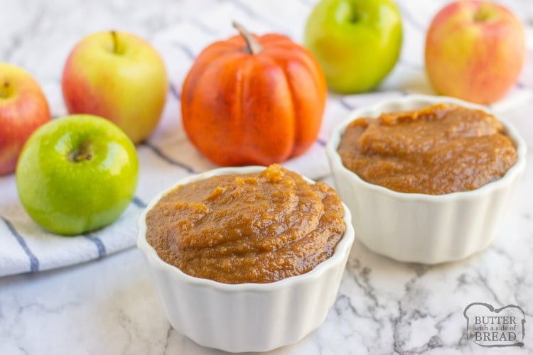Crockpot Pumpkin Apple Butter recipe made with fresh apples, pumpkin puree and a blend of heavenly fall spices. Cooked slow to allow for a buttery smooth consistency and an incredible flavor! 