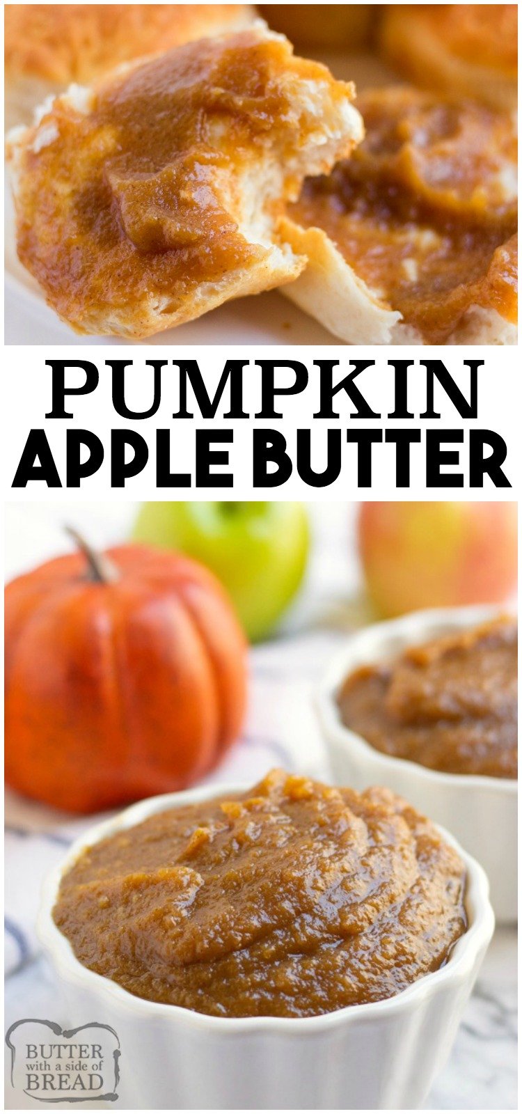 Crockpot Pumpkin Apple Butter recipe made with fresh apples, pumpkin puree and a blend of heavenly fall spices. Cooked slow to allow for a buttery smooth consistency and an incredible flavor! #apple #pumpkin #recipe #butter #crockpot #slowcooker recipe from BUTTER WITH A SIDE OF BREAD