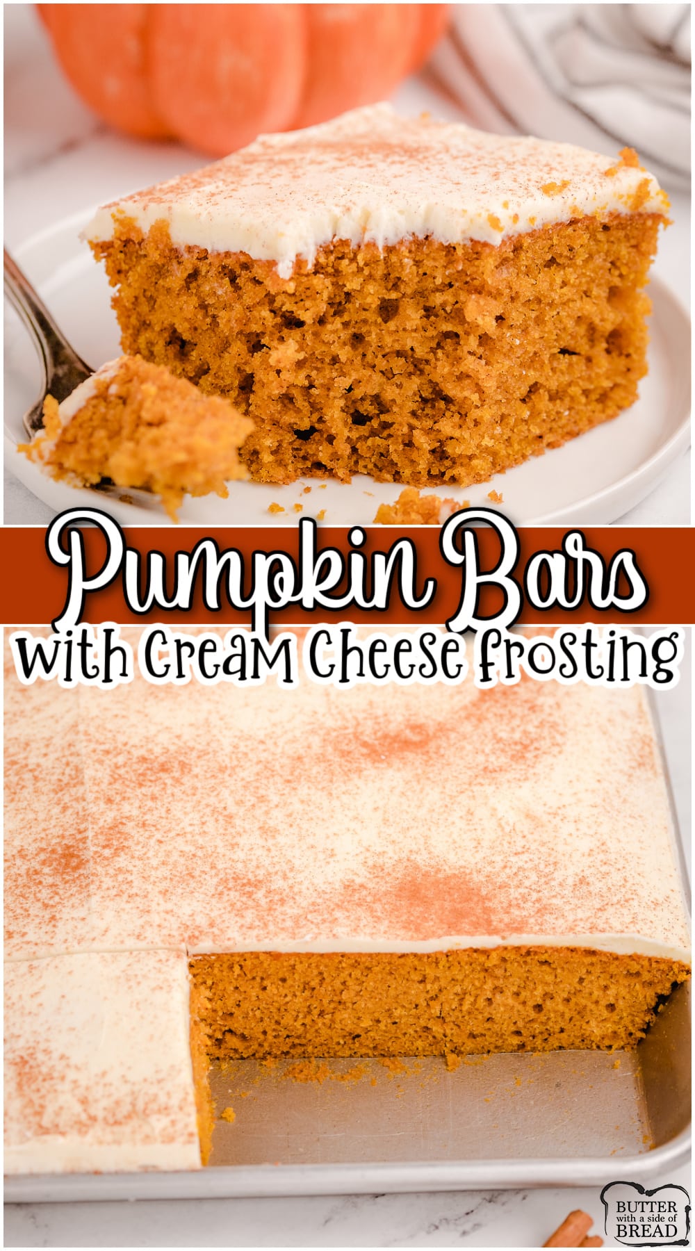 Pumpkin Spice Bars made from scratch & topped with a lovely cream cheese frosting! Simple pumpkin bars made with pumpkin puree & spiced with cinnamon, ginger & cloves.
