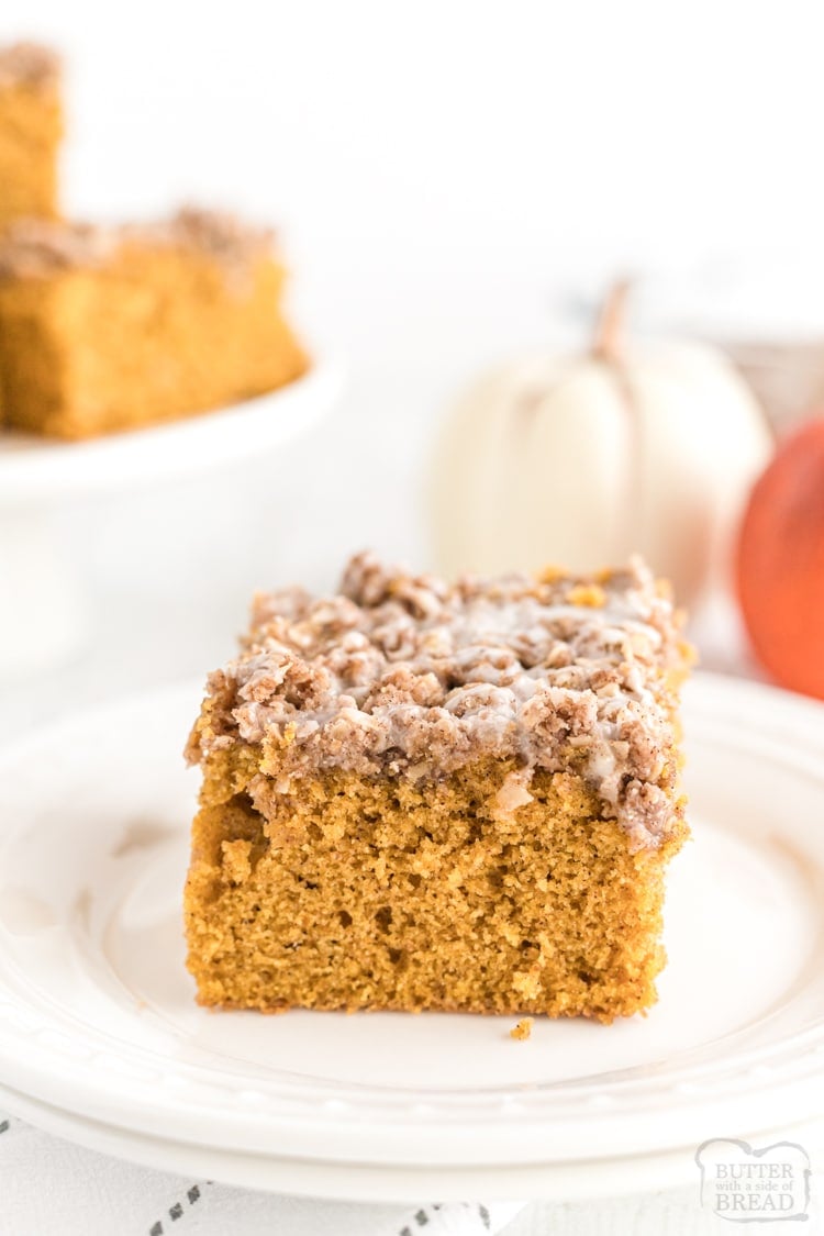 Pumpkin breakfast cake is a delicious morning treat! Easy Pumpkin cake, streusel topping and glaze poured over the top, you'll definitely want to keep this recipe!