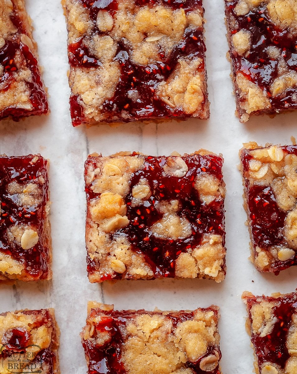 raspberry oat bars cut into squares