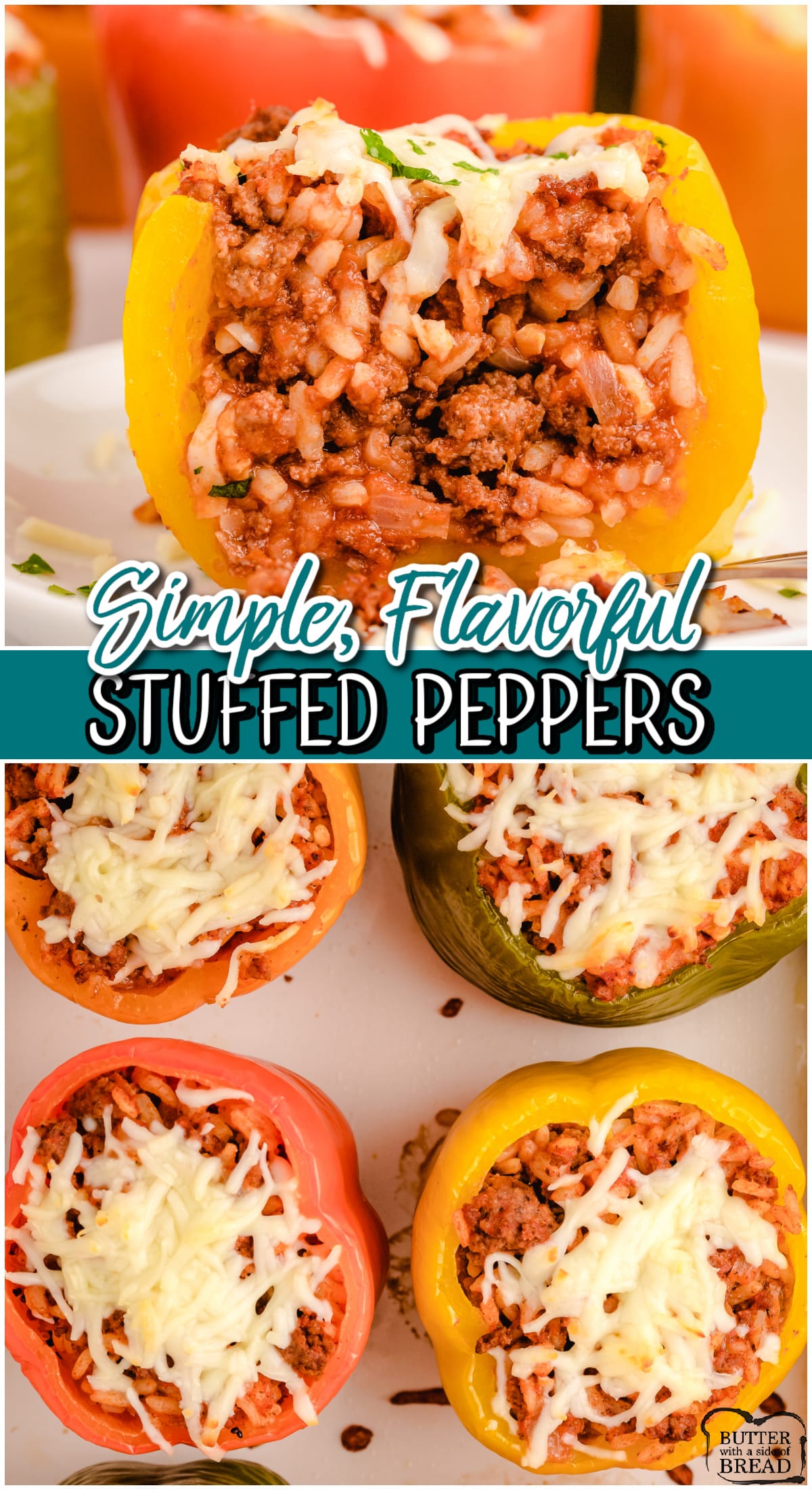 Stuffed bell peppers are a flavorful & comforting dish made with ground beef, rice, cheese and bell peppers. This easy stuffed peppers recipe is the perfect weeknight dinner!
