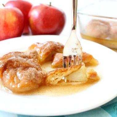 Easy Apple Dumplings recipe made with just a few ingredients- one apple, brown sugar, crescent dough & lemon lime soda! Simple recipe for apple dumplings in a sweet caramel-like glaze that tastes delicious.