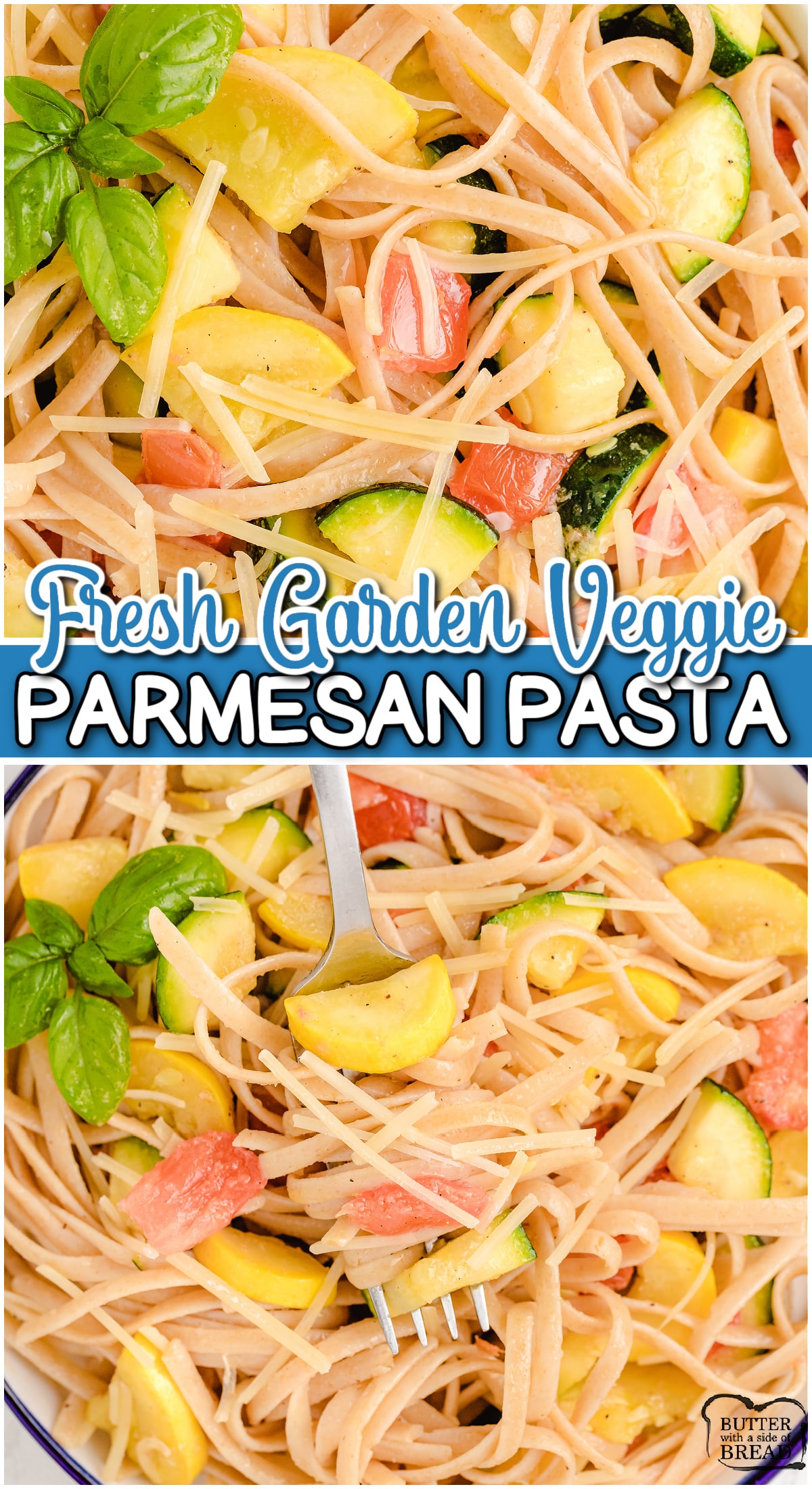 Easy Garden Veggie Pasta is a quick & simple meatless dinner made by tossing pasta with summer veggies, garlic, onion and Parmesan cheese! 