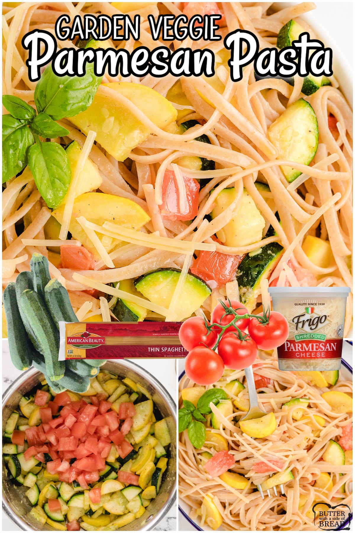 Easy Garden Veggie Pasta is a quick & simple meatless dinner made by tossing pasta with summer veggies, garlic, onion and Parmesan cheese! 