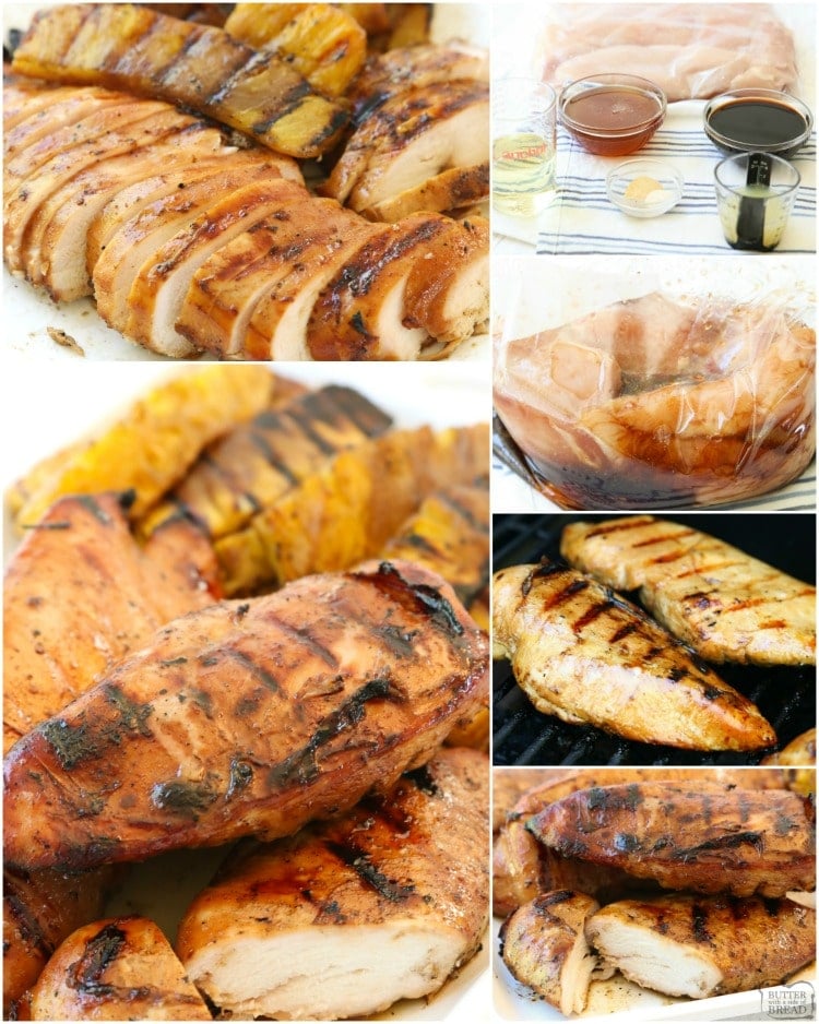 Honey Chicken with Glazed Pineapple is perfect for summer dinners! This sweet & tangy grilled chicken marinade recipe yields tender, juicy & flavorful chicken.