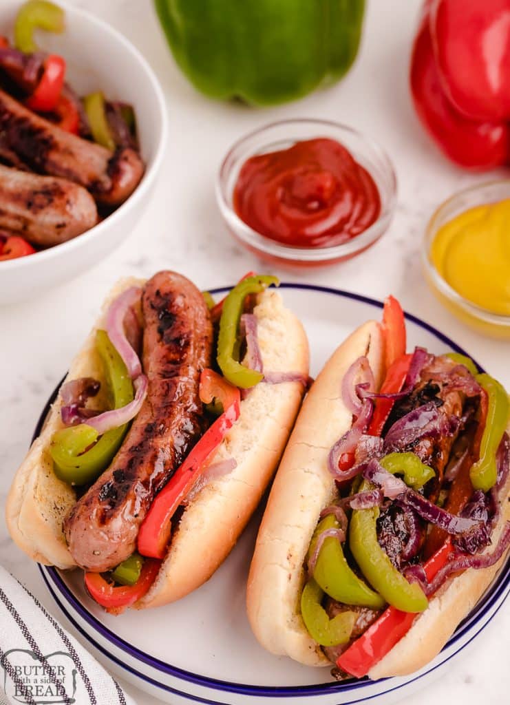 Italian Sausages grilled and served with peppers on a bun