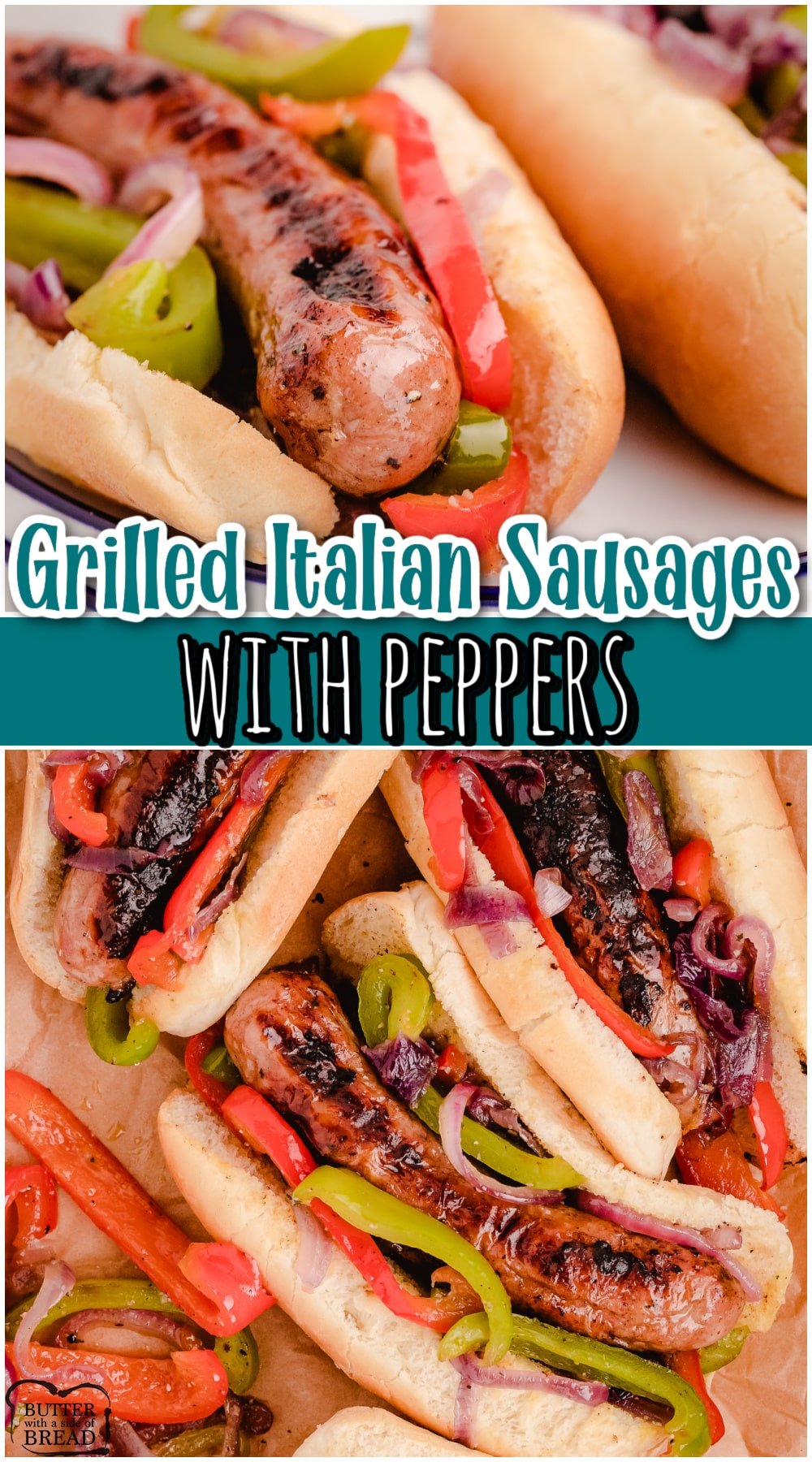 These grilled Italian sausages with peppers are one of our favorite simple dinner ideas! Grill the sausages & pair them with sauteed onions and peppers in a soft bun. Yum!