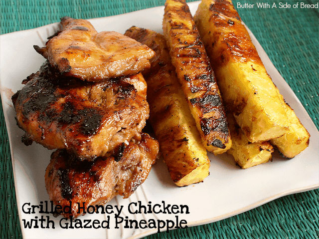 Grilled Honey Chicken with Glazed Pineapple recipe is a favorite grilled chicken recipe! The sweet and savory marinade is amazing and yields tender, juicy & flavorful chicken. 