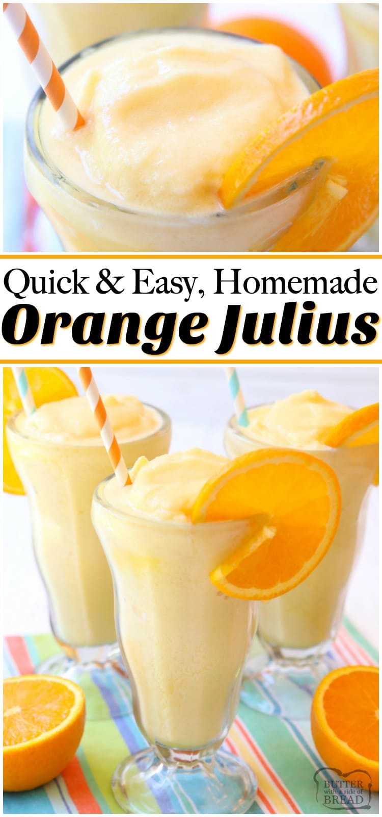 Orange Julius recipe made EASY! Just 5 ingredients & 5 minutes to enjoy a refreshing, sweet, citrusy frozen beverage at home. Perfect orange flavor and simple instructions with video that show how to make an Orange Julius.