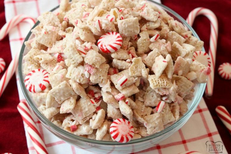 Peppermint Chex Mix made with only 3 ingredients in a few minutes! Simple recipe for festive, sweet peppermint treat that's perfect for holiday parties.