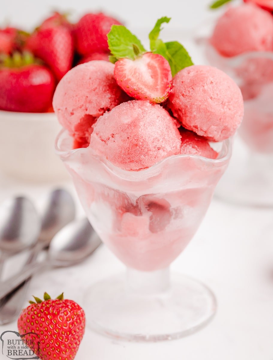 strawberry sorbet in a glass dish