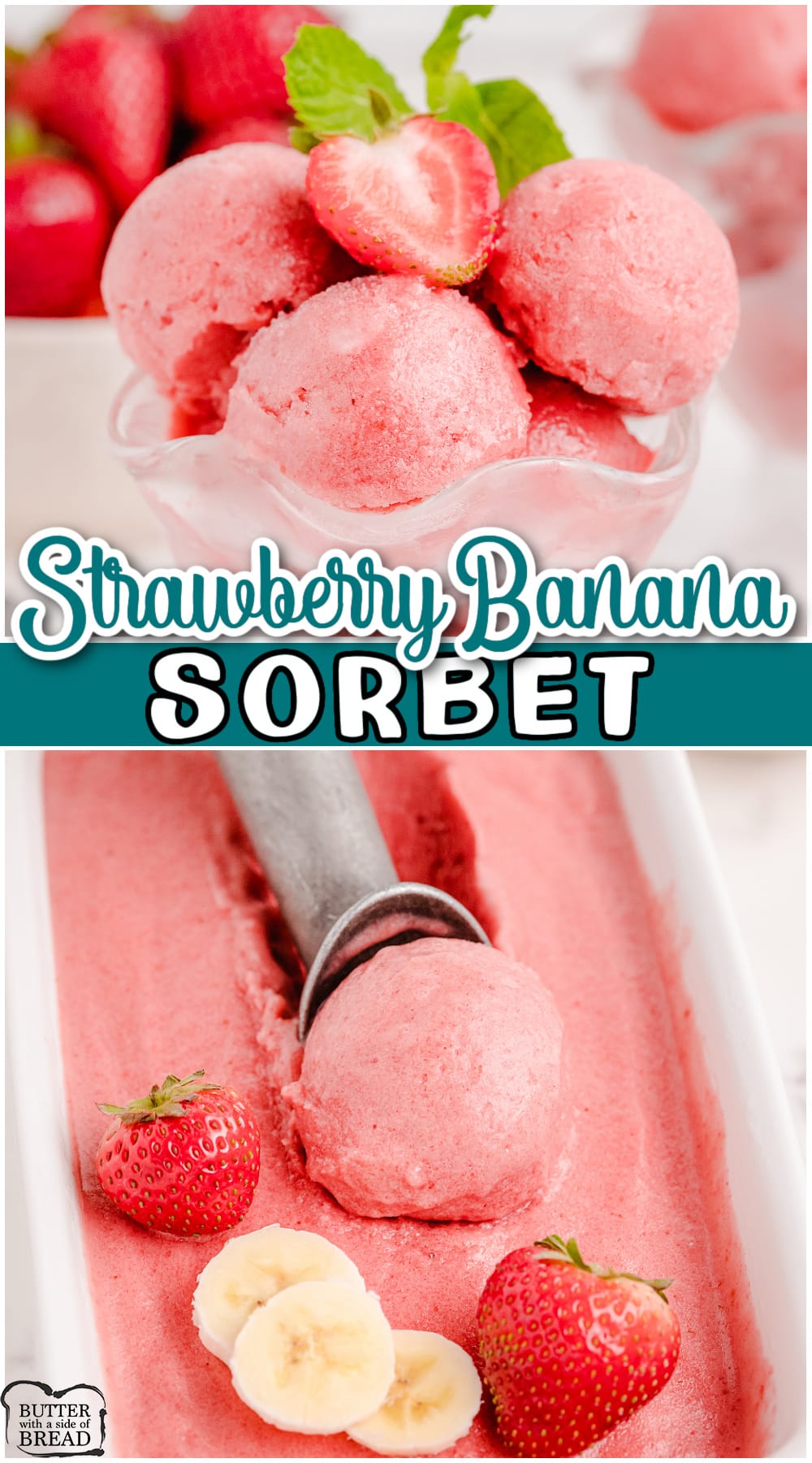 Strawberry Sorbet Recipe made easily with fresh berries, ripe bananas & honey! These simple steps show how to make sorbet at home with common ingredients you already have!