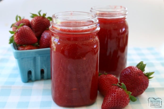 Homemade Strawberry Freezer Jam made with just 3 ingredients and NO PECTIN. Making strawberry freezer jam has never been easier or more delicious! 