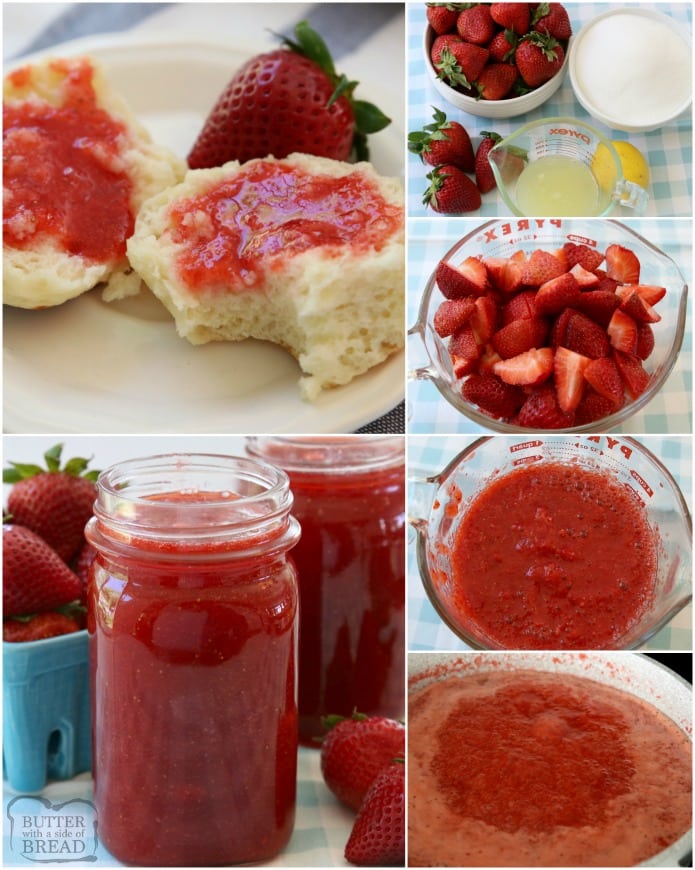 Homemade Strawberry Jam made with just 3 ingredients and NO PECTIN. Making strawberry freezer jam has never been easier or more delicious! 