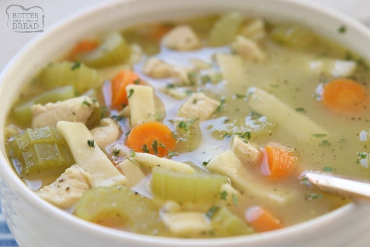Classic Chicken Noodle Soup recipe made with tender chicken, carrots, celery, onion and a flavorful sage broth. Perfect comfort food recipe for cold days or when you're sick!