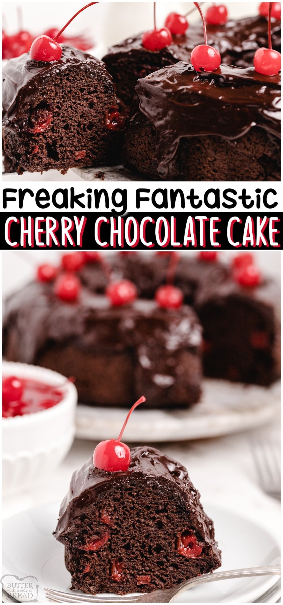 Family Favorite Chocolate Cherry Cake with only 3 ingredients: a cake mix, cherry pie filling & eggs!  You're going to love this moist & delicious chocolate cherry cake recipe! #cake #chocolatecake #cherrycake #cherry #baking #dessert #easyrecipe from BUTTER WITH A SIDE OF BREAD