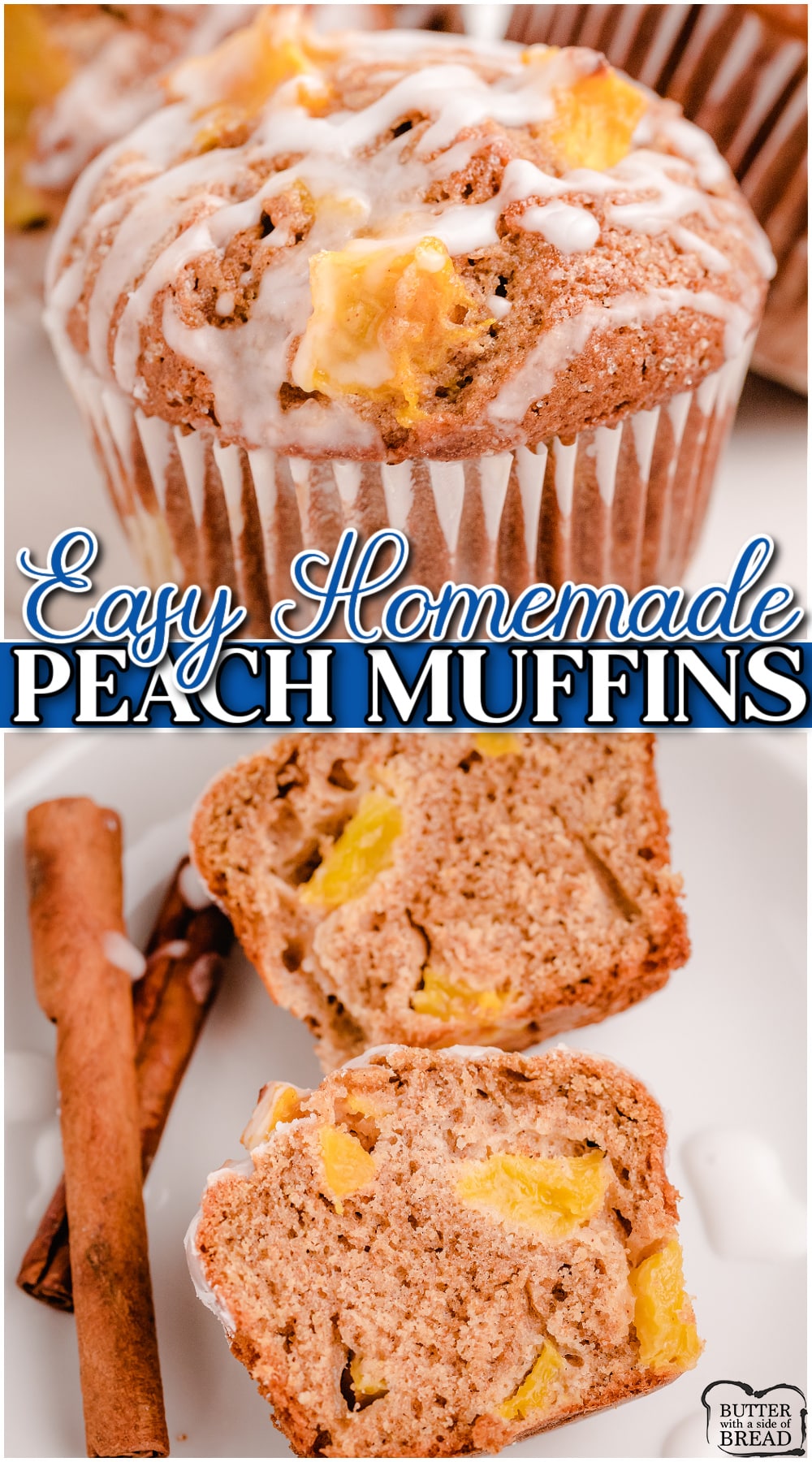 Peach Muffins made with pantry ingredients + fresh juicy peaches! Spiced with cinnamon & topped with a simple glaze, our peach muffins are the best!