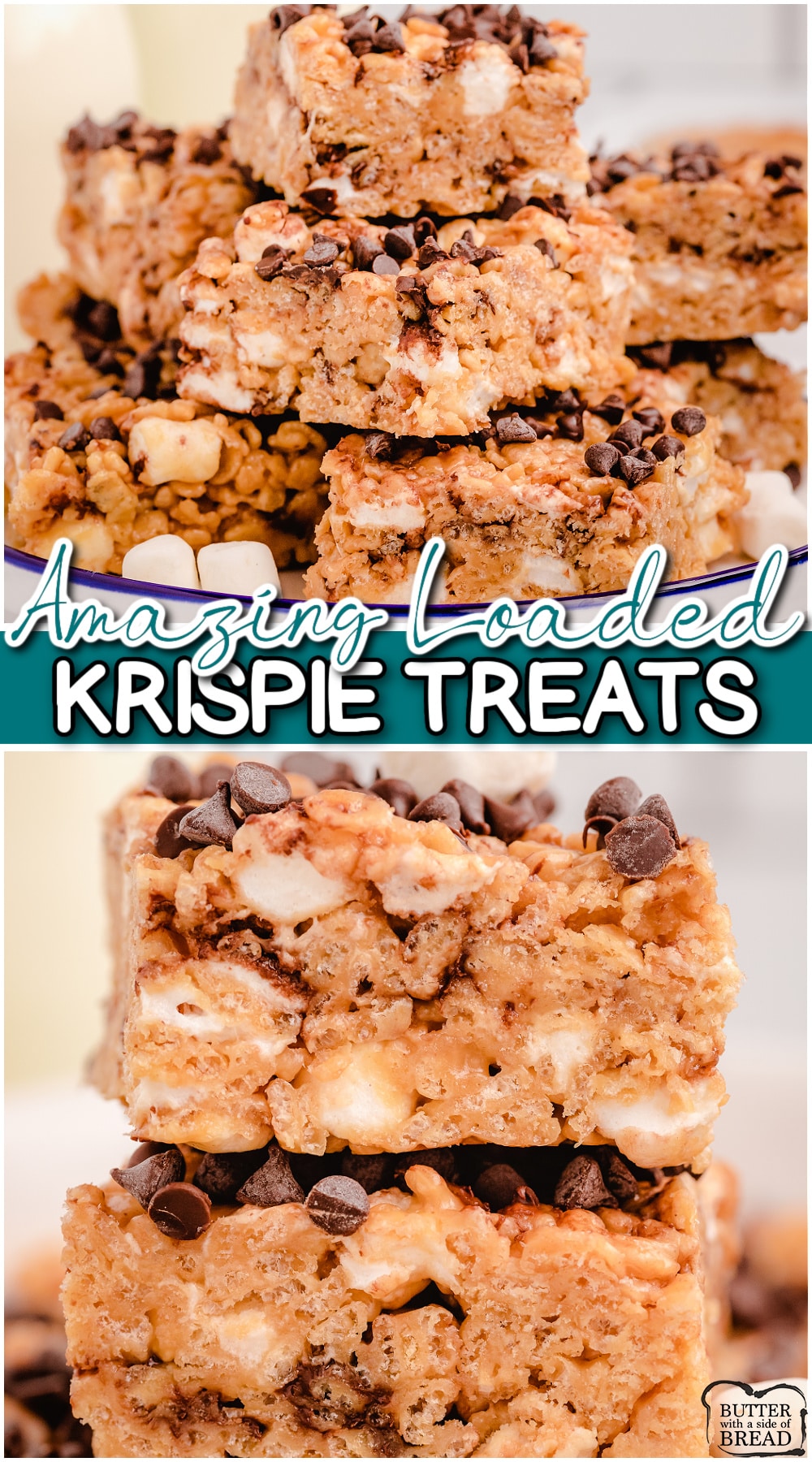 Loaded Krispie Treats are an incredibly delicious twist on a classic treat! These homemade rice krispie treats are made with peanut butter, marshmallows, Krispie cereal & chocolate chips!