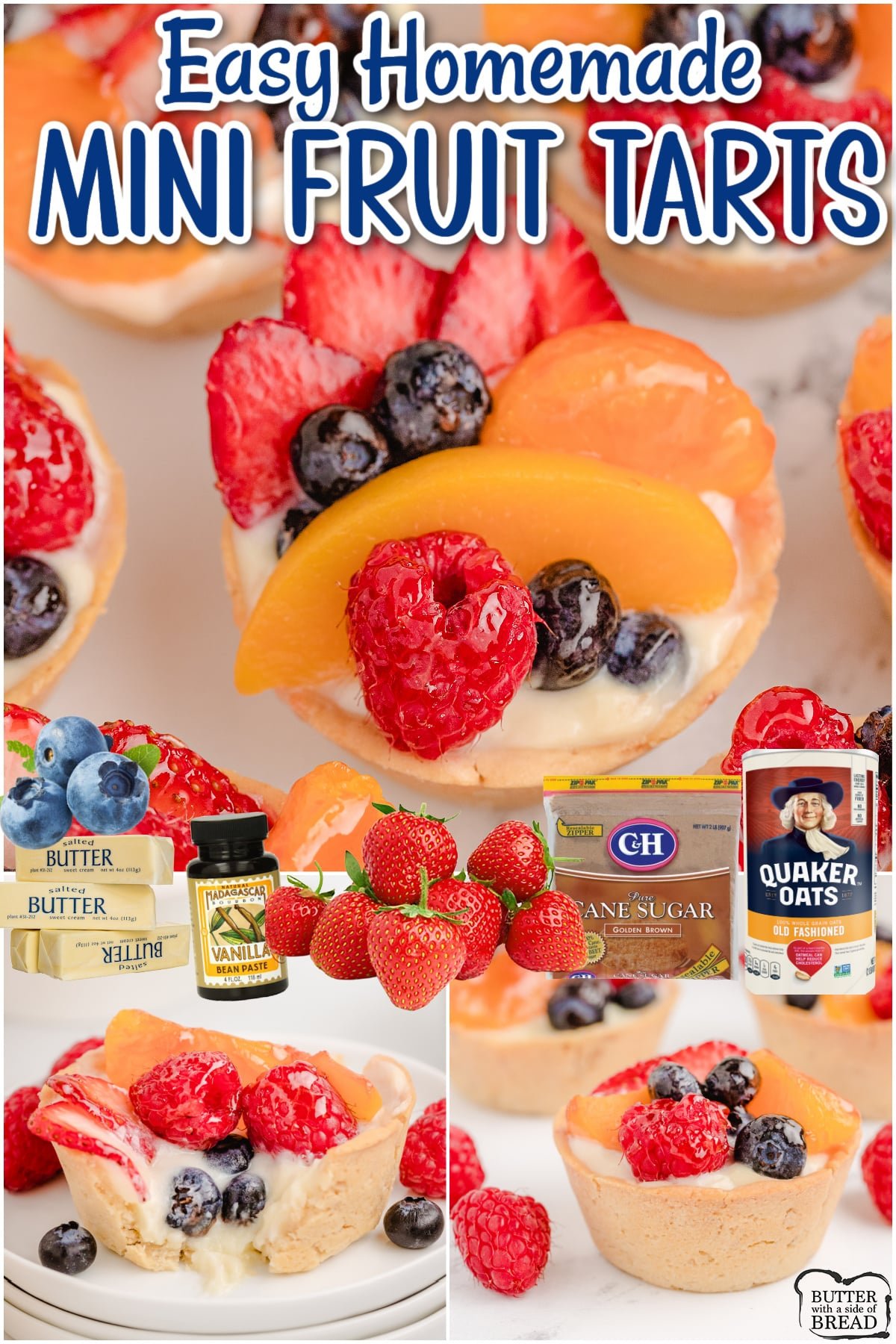 Mini Fresh Fruit Tarts made with a homemade brown sugar oat tart shell, topped with sweet cream and fresh fruit and berries! Lovely dessert with fabulous fresh flavors everyone enjoys!