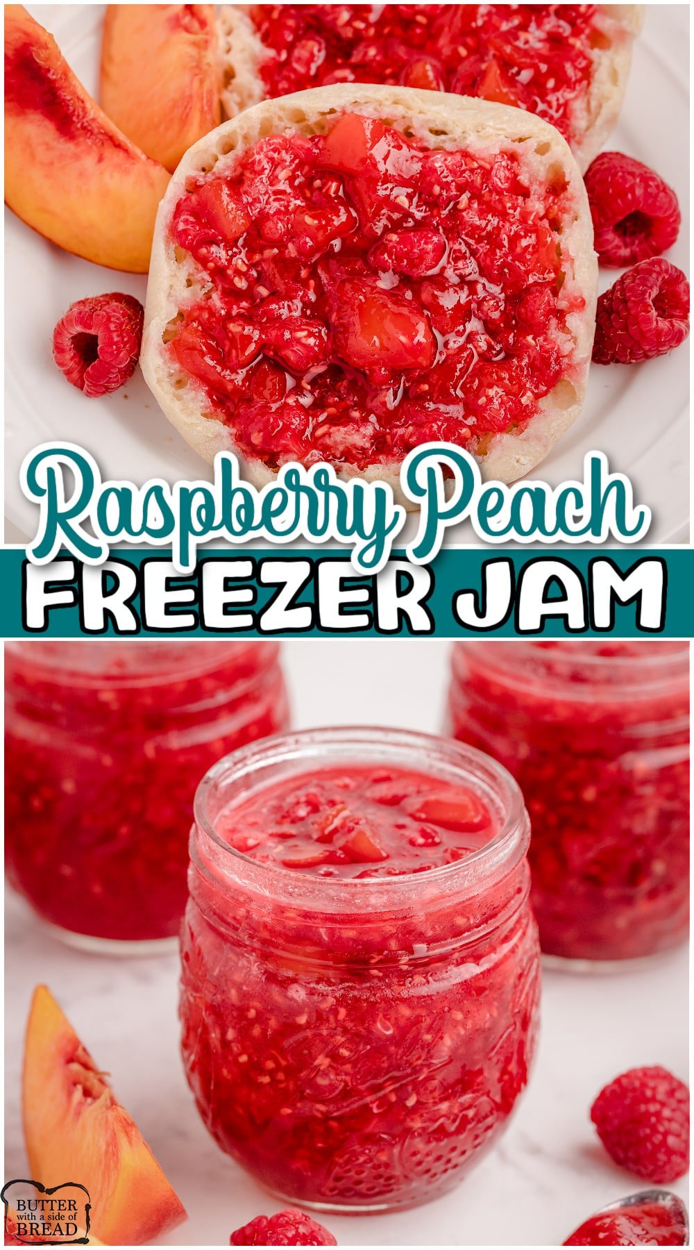 Raspberry Peach Freezer Jam is a delightful jam bursting with bright, fresh flavor! This peach raspberry jam recipe uses fresh fruit & is done in just 15 minutes! 