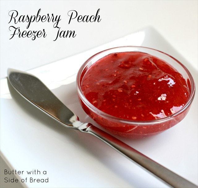 Anyone still have peaches left? I hope so! Next time you're at Costco, grab some raspberries too so that you can make this lovely freezer jam! I love raspberry jam but all the seeds are kind of annoying. The peach adds a nice flavor, plus spaces out the seeds a bit, so it not only has great flavor, but a nice consistency as well.