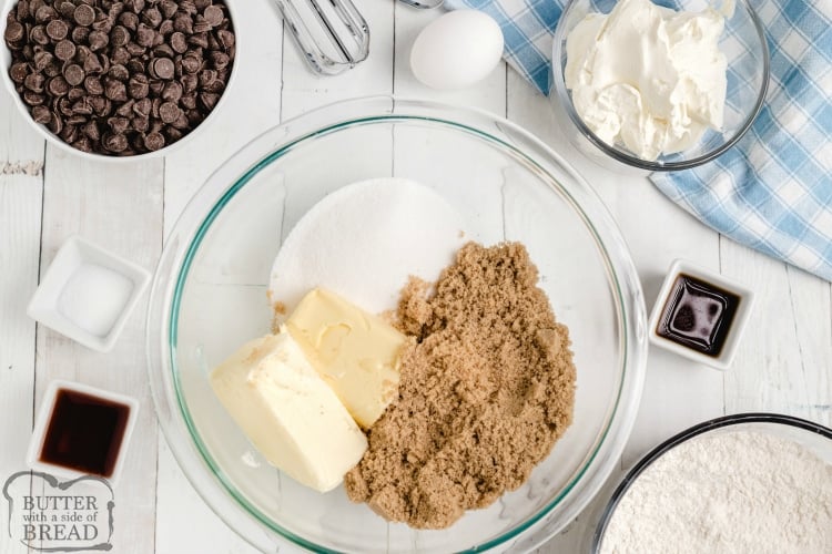 Ingredients in chocolate chip cookie bars with cheesecake filling