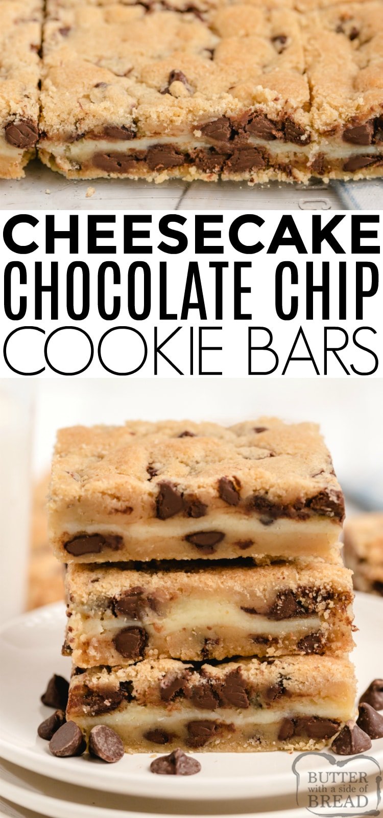 Cheesecake Chocolate Chip Cookie Bars combine a delicious chocolate chip cookie recipe with a layer of cheesecake to make a dessert that is the best of both worlds! This amazing bar cookie recipe is simple to make and a hit at every party! 