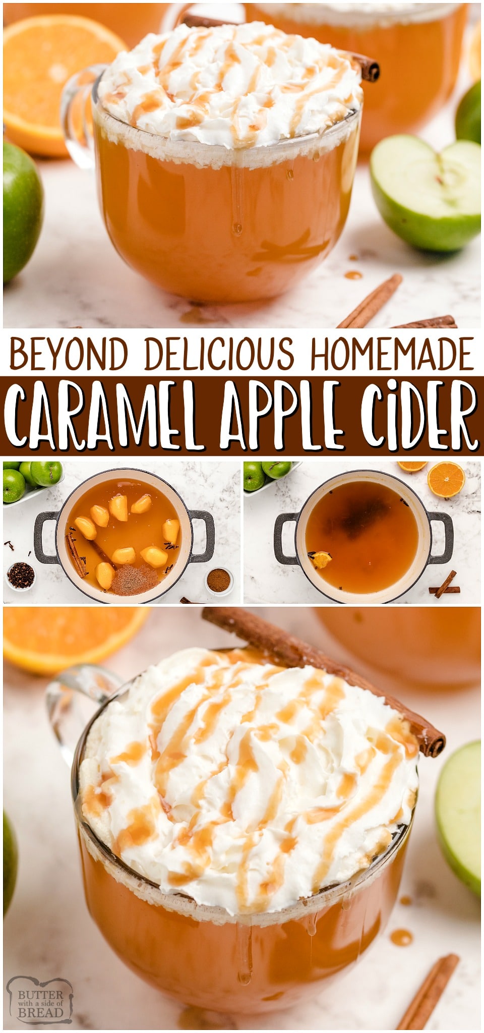 Caramel Apple Cider recipe made with apple juice, cinnamon, cloves & nutmeg! Spiced Apple Cider topped with fresh cream and a drizzle of caramel for a hot & delicious Fall treat! #apples #applecider #beverage #hotdrink #Fall #cider #caramel #easyrecipe from BUTTER WITH A SIDE OF BREAD