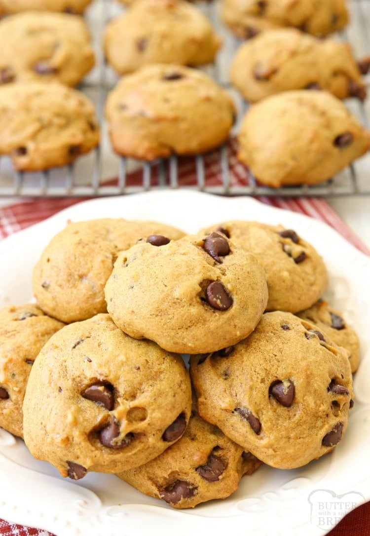 Pumpkin Chocolate Chip Cookies are soft & pillowy cookies with great pumpkin flavor! Made with pumpkin, chocolate chips and a lovely blend of Fall spices, these pumpkin cookies are a Fall favorite!  