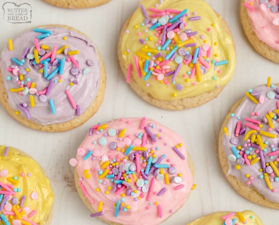 Super Soft Sugar Cookies made with butter, sugar, flour & sour cream for great flavor and soft texture! Softest sugar cookies you've ever had- & they decorate beautifully! Save this recipe! 