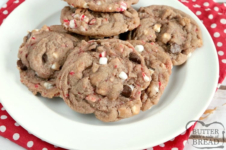 Hot chocolate cookies with marshmallows, candy canes and chocolate chips