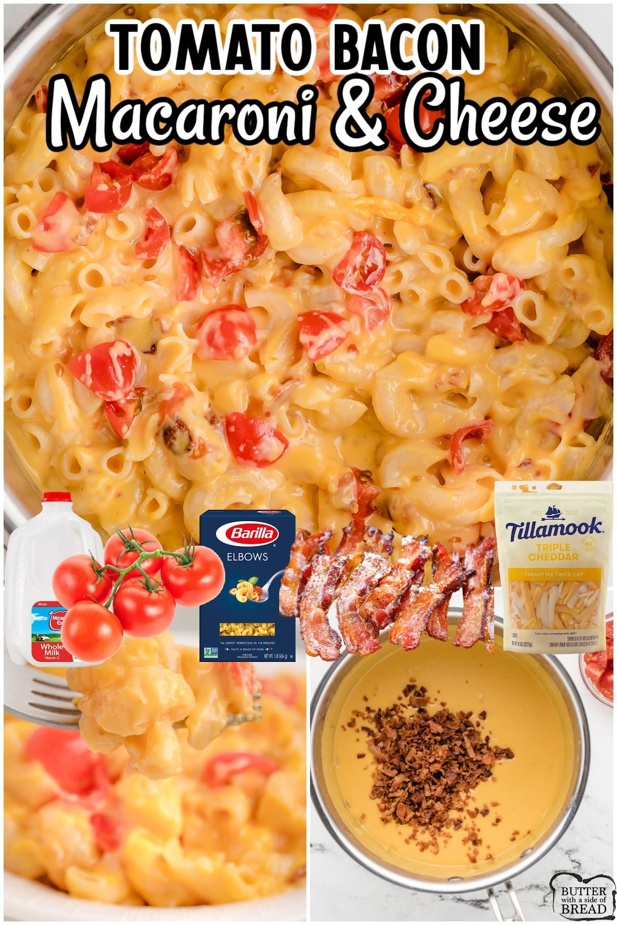 Tomato Bacon Macaroni and Cheese made from scratch with simple ingredients! Butter, onion, cheese, milk  combine for a flavorful creamy mac & cheese with diced tomatoes and bacon added for flavor! 