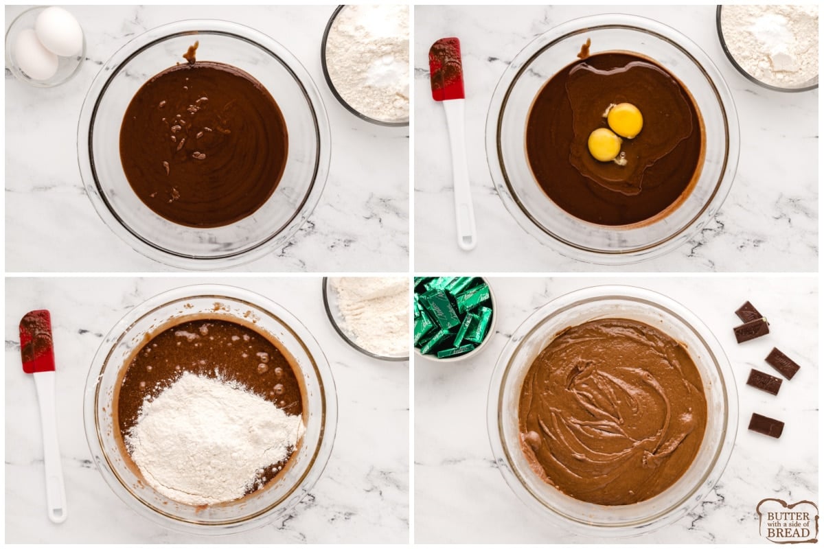 Adding eggs and dry ingredients to melted chocolate. 